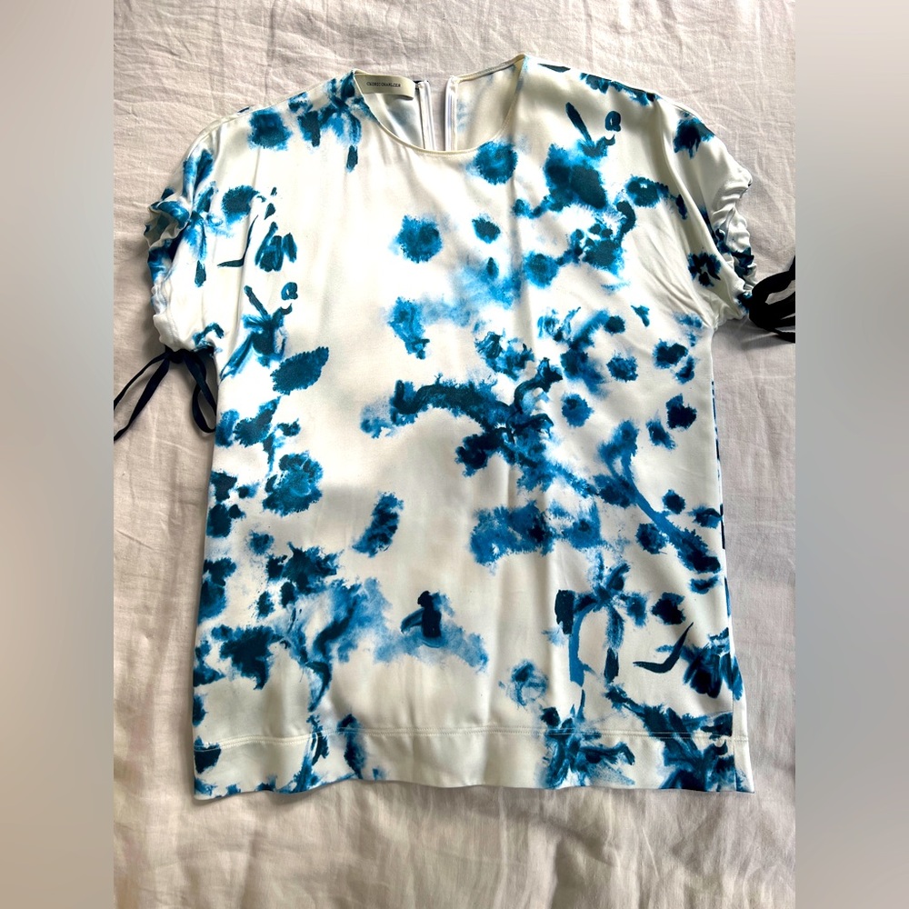 CEDRIC CHARLIER Silky tie dye blouse top ruched sleeves w tie, size 4/small